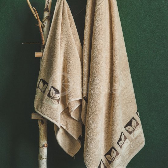 Cotton terry bath towel with leaves "BEIGE"